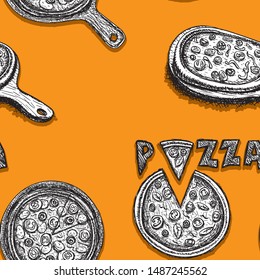 Seamless pizza pattern on tray, hand drawn line art on orange background. Vector image. esp 10