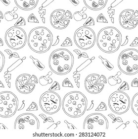 Seamless Pizza Pattern. Simple Outline Sketches of Different Kinds of Italian Pizza