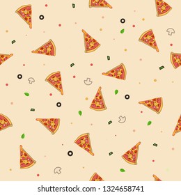 Seamless pizza vector pattern with mushrooms, tomatoes, pepperoni and olives.