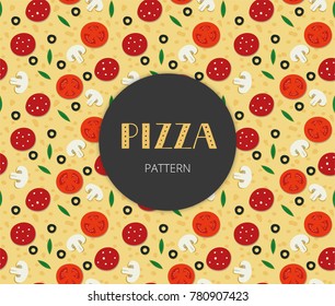 Seamless Pizza Vector Pattern With Mushrooms, Tomatoes, Pepperoni And Olives. Label With Dotted Pizza Lettering.