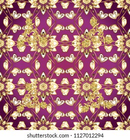 Seamless. For Placards, Invitations, Banners, Badges and Logotypes. Illustration in purple, white and yellow colors. Retro baroque decorations element with flourishes calligraphic ornament. Vector.