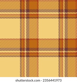 Seamless plaid background of check texture pattern with a tartan fabric textile vector in amber and red colors.