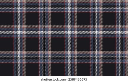 Seamless plaid, black, blue, cream, white, red, perfectly suitable for designing clothes, skirts, and pants, creating a striking and modern look for any occasion.