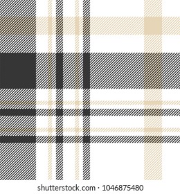 Seamless plaid check patten in palette of black, beige and white. Traditional checkered fabric texture for digital textile printing. 