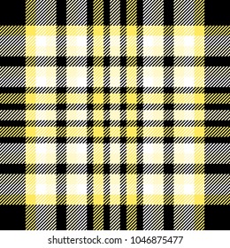 Seamless plaid check pattern in palette of yellow, black and white. Traditional checkered fabric texture for digital textile printing. 