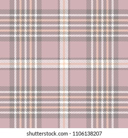 Seamless plaid check pattern in pinkish amaranth, grayish purple, peach orange and white. Classic countryside fashion print.