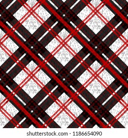 Seamless plaid check pattern in red, white and black.