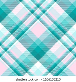 Seamless plaid check pattern in teal, aqua, pink and white. Classic countryside fashion print.