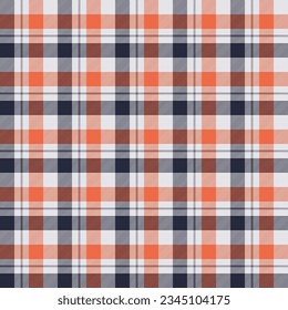 Seamless plaid and checkered patterns in dark blue white and orange for textile design. Tartan plaid pattern graphic background for a fabric print. Vector design.