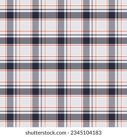 Seamless plaid and checkered patterns in dark blue white and orange for textile design. Tartan plaid pattern graphic background for a fabric print. Vector design.