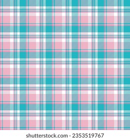 Seamless plaid and checkered patterns in turquoise pink and white for textile baby and kid's design. Tartan plaid pattern graphic background for a fabric print. Vector illustration.