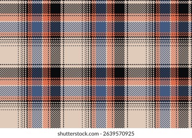 Seamless plaid fabric, beige, blue, black, orange for textiles, clothing, skirts, pants, blankets, tablecloths, aprons, adding charm and distinctiveness to your style.