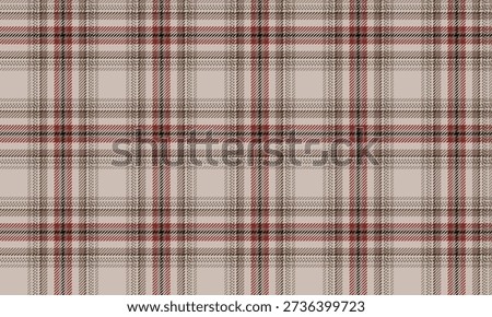 Seamless plaid fabric in cream, red, brown, and black. A classic yet modern design, perfect for fashion design, clothing, skirts, trousers, and shirts, adding a distinctive and stylish touch.