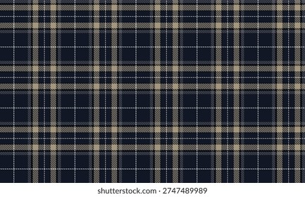 Seamless plaid fabric in navy, beige, white, and black is perfect for fashion clothing, skirts, shirts, prints, and online designs, creating a classic yet modern look.