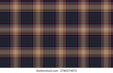 Seamless plaid fabric in navy, orange, beige, and white, suitable for textiles, fashion, clothing, skirts, dresses, trousers, and aprons, creating a harmonious and tasteful atmosphere.