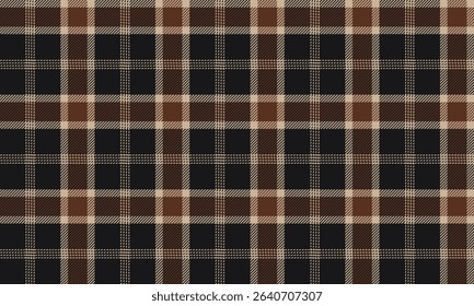 Seamless plaid fabric pattern, black, brown, cream for textile and clothing design, skirt, pants, apron, bed sheet, modern luxury style, vector illustration.