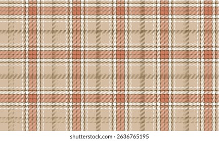 Seamless plaid fabric pattern, cream, orange, white, brown for textiles and clothing, skirts and pants, adding charm to vintage or minimalist style perfectly.