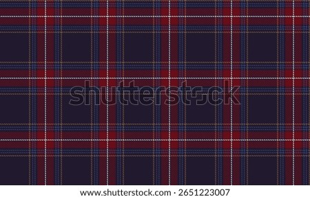 Seamless plaid fabric pattern, dark purple, red, blue, yellow for designing clothes, skirts, pants, dresses, shirts, casual wear, modern fashion style, vector illustration.