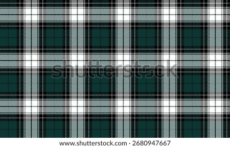 Seamless plaid fabric pattern in green, white, and black for designing clothes, skirts, pants, and shirts. Add charm to a minimalist or street fashion look with a unique touch.