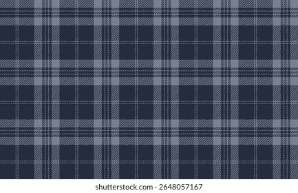 Seamless plaid fabric pattern, navy blue, gray, simple and elegant style, suitable for designing clothes, skirts, pants, dresses, pajamas, adding a classic and modern look.