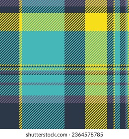 Seamless plaid fabric of texture vector background with a pattern check textile tartan in cyan and dark colors.