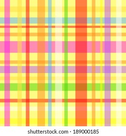 Seamless plaid or gingham pattern, multicolor stripes over yellow