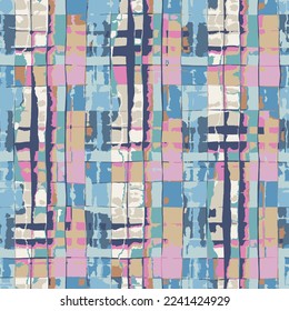 Seamless plaid grunge stripe pattern. Blue, pink and yellow colorful checked pattern.