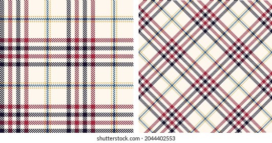 Seamless plaid pattern background set. Straight and oblique scottish cage. Classic tartan texture. Vector graphics printing on fabric, shirt, textile, curtain and tablecloth.