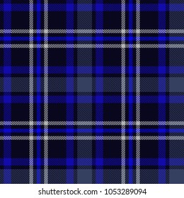 Seamless plaid pattern in black, blue and white stripes. Checkered fabric texture print. Vector flat illustration.