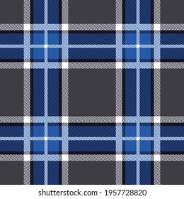 Seamless plaid pattern in black, blue and white stripes. Checkered fabric texture print. Vector flat illustration.