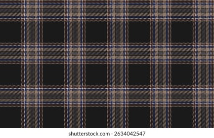 Patrón de cuadros sin fisuras, negro, marrón, azul, blanco. Diseño clásico y moderno para costura textil y de prendas, faldas y pantalones. Añade estilo a cada look, Ilustración vectorial.