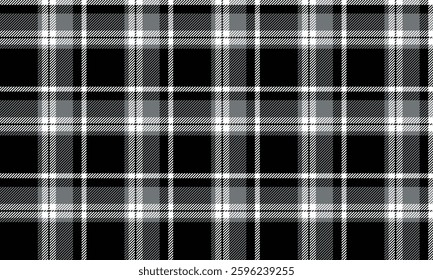 Seamless plaid pattern, black, gray, white, suitable for designing clothes such as skirts and pants, gives a classic and modern look, vector illustration.