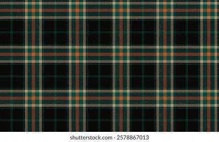 Seamless plaid pattern, black, green, yellow, and orange. Designed for use in clothes, skirts, and pants. Gives a unique and eye-catching look. Vector illustration.