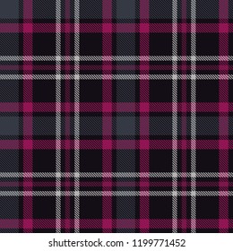 Seamless plaid pattern in black, purple and white stripes. Checkered fabric texture print. Vector flat illustration.