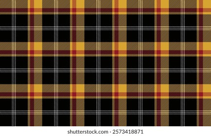 Seamless plaid pattern, black, yellow, red, white, for designing clothes, skirts, blankets, tablecloths, or decorative fabrics, vector illustration.