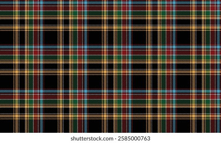 Seamless plaid pattern, black, yellow, green, red, and blue, suitable for designing clothes, skirts, and pants, giving a distinctive and modern style.