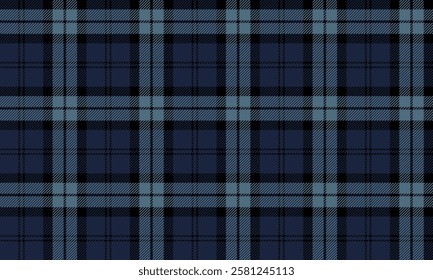 Seamless plaid pattern, blue, black, and light blue. Suitable for designing clothes, skirts and pants. Gives a modern and stylish look. Vector illustration.