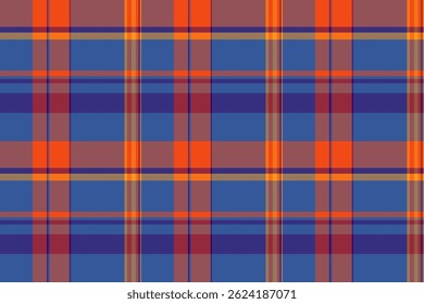 Patrón de cuadros sin costuras con rayas azules, naranjas y púrpuras. Útil para fondos, textiles, embalajes o para añadir un toque retro. Versátil activo gráfico.