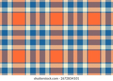 Un patrón de cuadros sin costuras en azul, naranja y beige. Ideal para fondos, textiles o Diseños gráficos. Un diseño versátil y elegante.