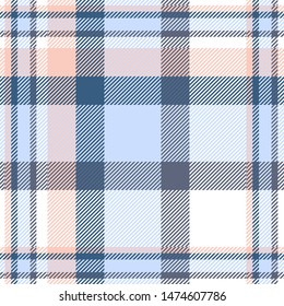 Seamless plaid pattern in blue, pale coral, white and gray.