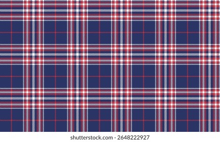Seamless plaid pattern, blue, red, white, classic style, suitable for textile design, clothes, skirts, pants, shirts, tablecloths and other fashion items, vector illustration.