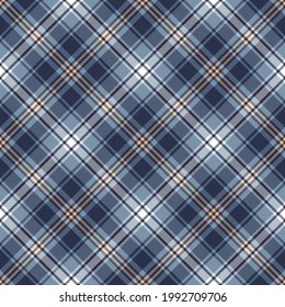 Seamless plaid pattern in blue, white, soft yellow. Herringbone textured tartan check background for flannel shirt, skirt, blanket, throw, other modern spring autumn winter fashion textile print.