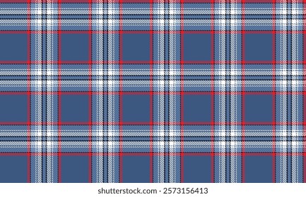 Seamless plaid pattern, blue, white, red, for designing clothes, skirts, tablecloths, or decorative fabrics, vector illustration.