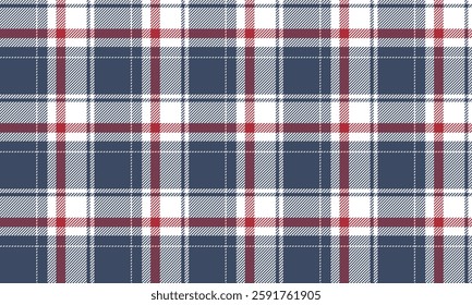 Seamless plaid pattern, blue, white, red, for striking in clothes such as shirts, skirts and pants, adding style and uniqueness to the outfit, vector illustration.