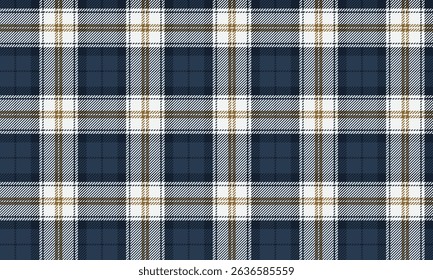 Seamless plaid pattern, blue, white, yellow for various textiles and clothing designs such as skirts, pants, casual dresses, creating a distinctive and modern style.