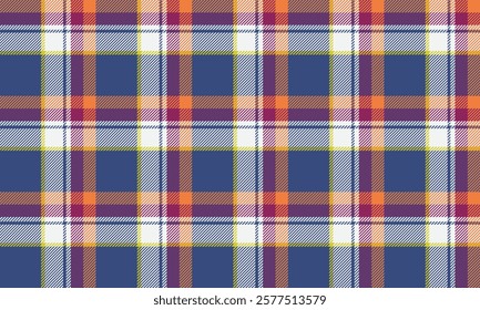 Seamless plaid pattern, bright blue, bright orange, pure white and purple, balanced and fun from all angles, suitable for all styles of design. Vector illustration.