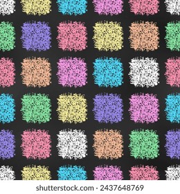 Seamless Plaid Pattern of Chalk Drawn Sketches Scribbles on Chalkboard Backdrop. Grunge Rainbow Print. 
Continuous Background of Realistic Crayon-Drawn Squares on Dark Blackboard.