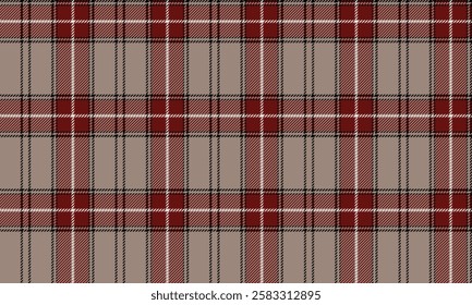 Seamless plaid pattern, combining cream, red, black, and white, suitable for designing clothes, both skirts and pants, adding charm to the outfit.