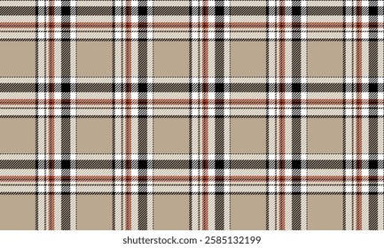 Seamless plaid pattern in cream, white, orange, and black, for use in tailoring such as skirts and pants, making it easy to incorporate into a variety of fashion styles.