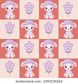 Seamless plaid pattern, cute sheep and flowers